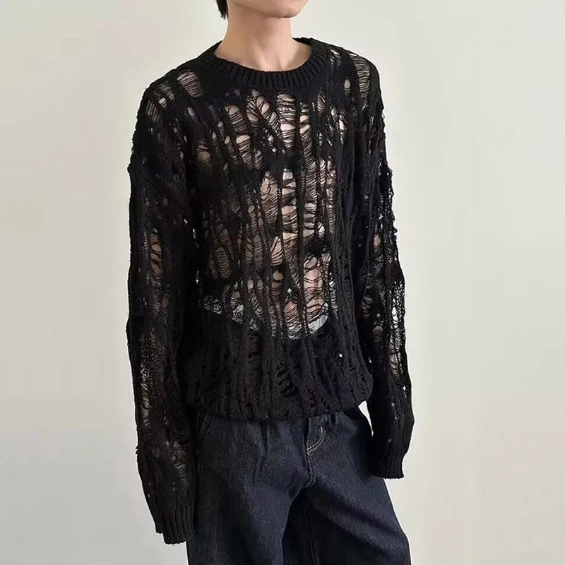 Vintage déchiré évider maille tricot pull hommes automne Streetwear mode col rond à manches longues