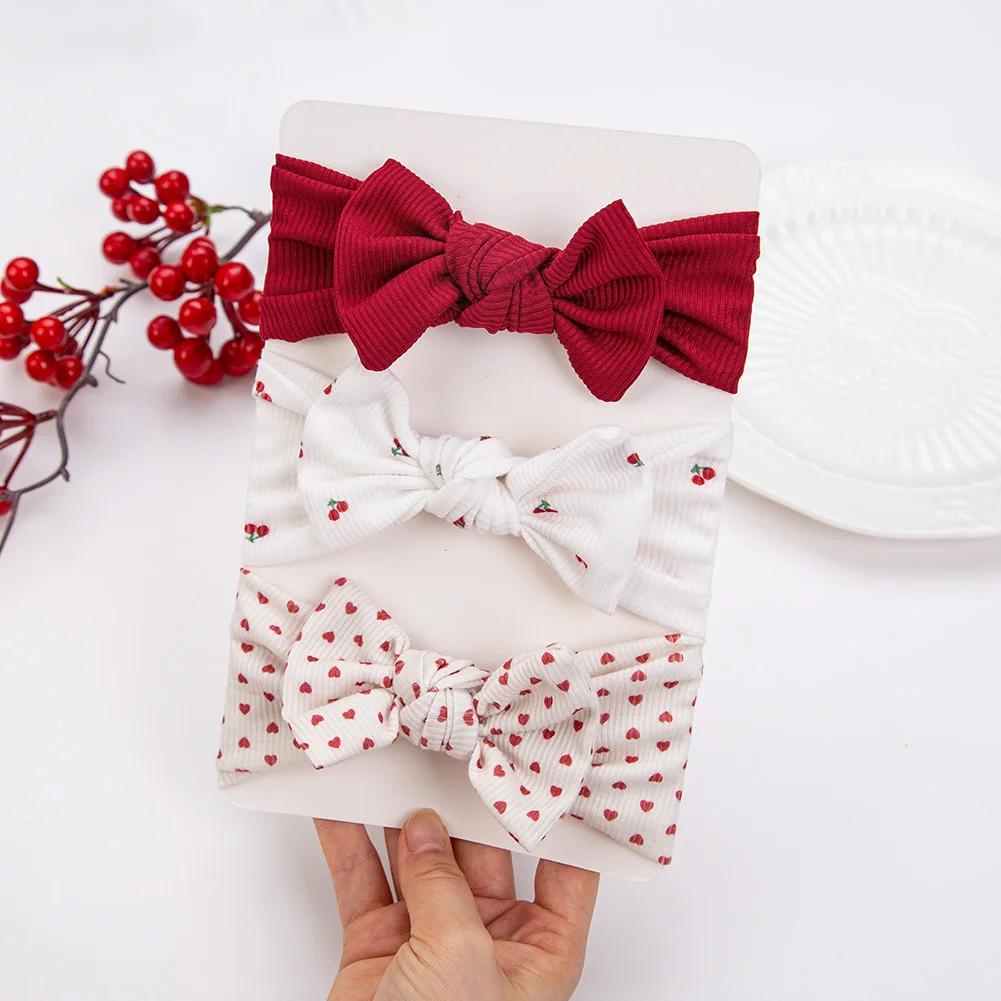3 pièces/lot Ins côtelé bébé filles bandeaux Floral rouge coeur Dasiy imprimer arcs élastiques bande