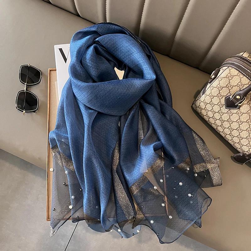 Écharpe de marque de luxe pour femmes, châle, couleur unie, en soie, en lin, été, bandana, Hijab, co
