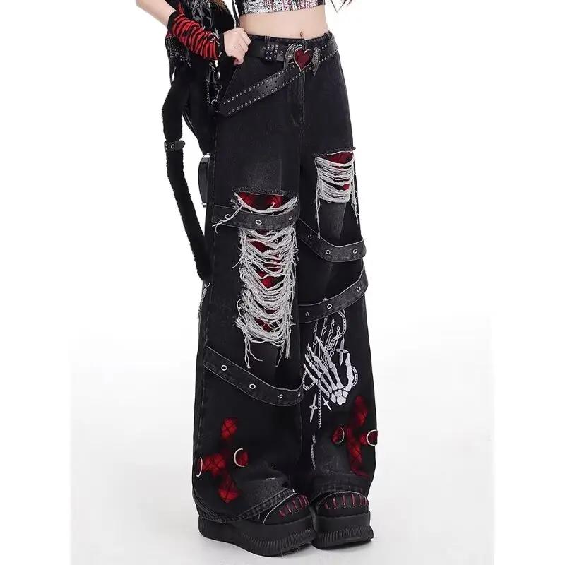 Style américain épicé fille lâche paresseux et détendu denim pantalon femme punk rétro lavé à la mod