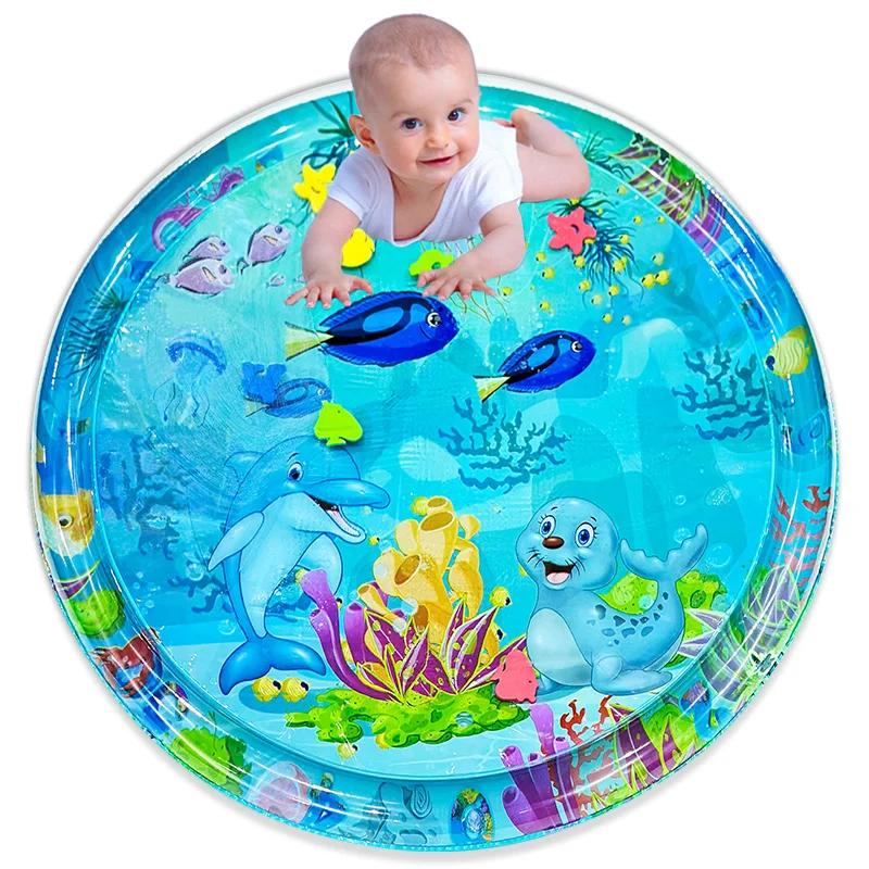 Grand tapis d'eau de jeu pour bébé, 100cm, motif de sceau de dauphin, tapis de jeu rond gonflable en