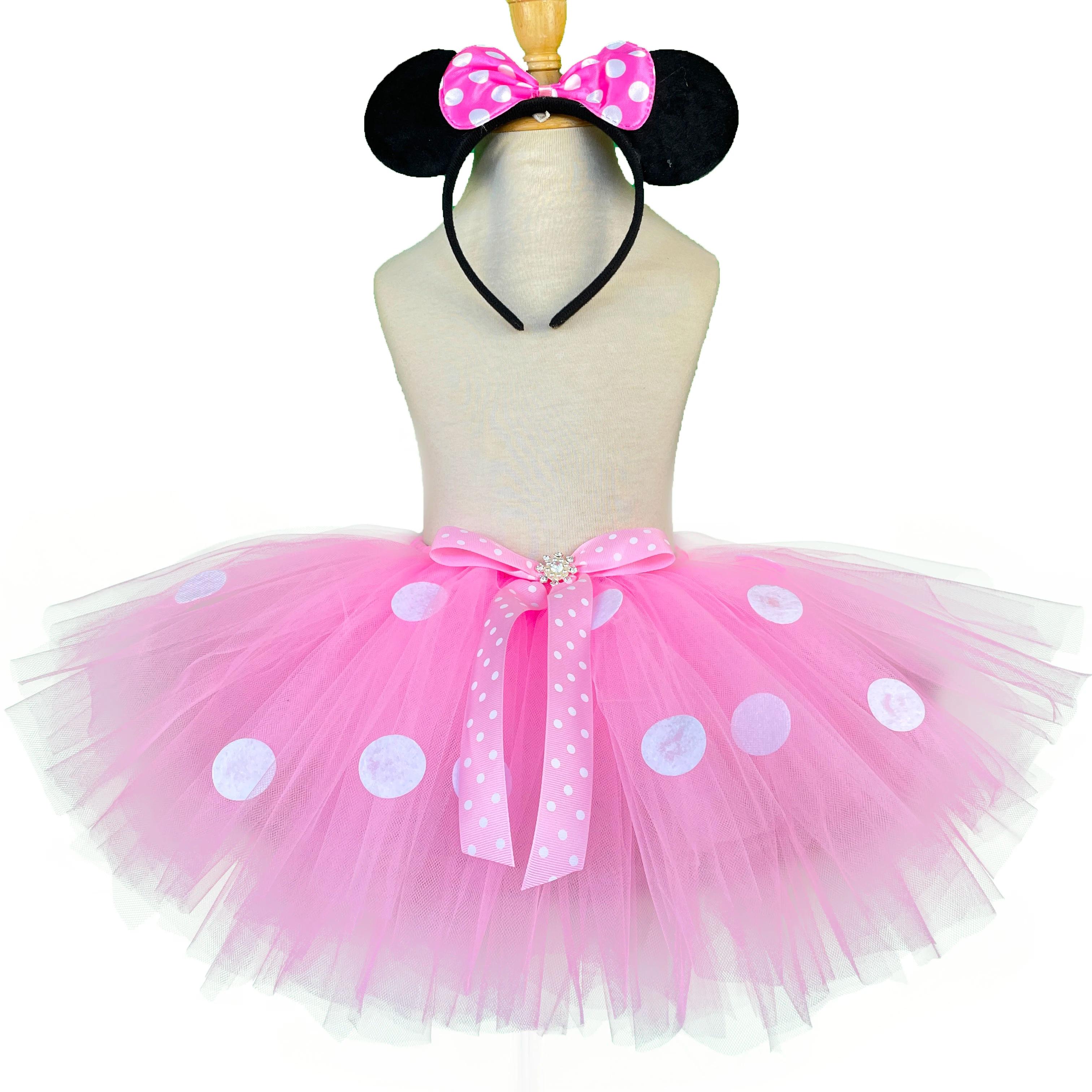 Jupes Tutu de dessin animé rose pour filles, jupes de Ballet en Tulle avec pois blancs et nœud de ch