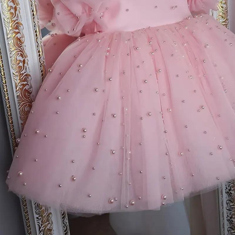 Robe de princesse tutu perlée pour bébé fille, manches bouffantes, nœud en tulle, vêtements de fête