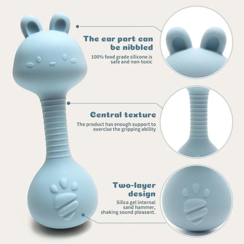 Anneau de dentition hochet en silicone pour bébé lapin de qualité alimentaire – Forme d'haltère pour