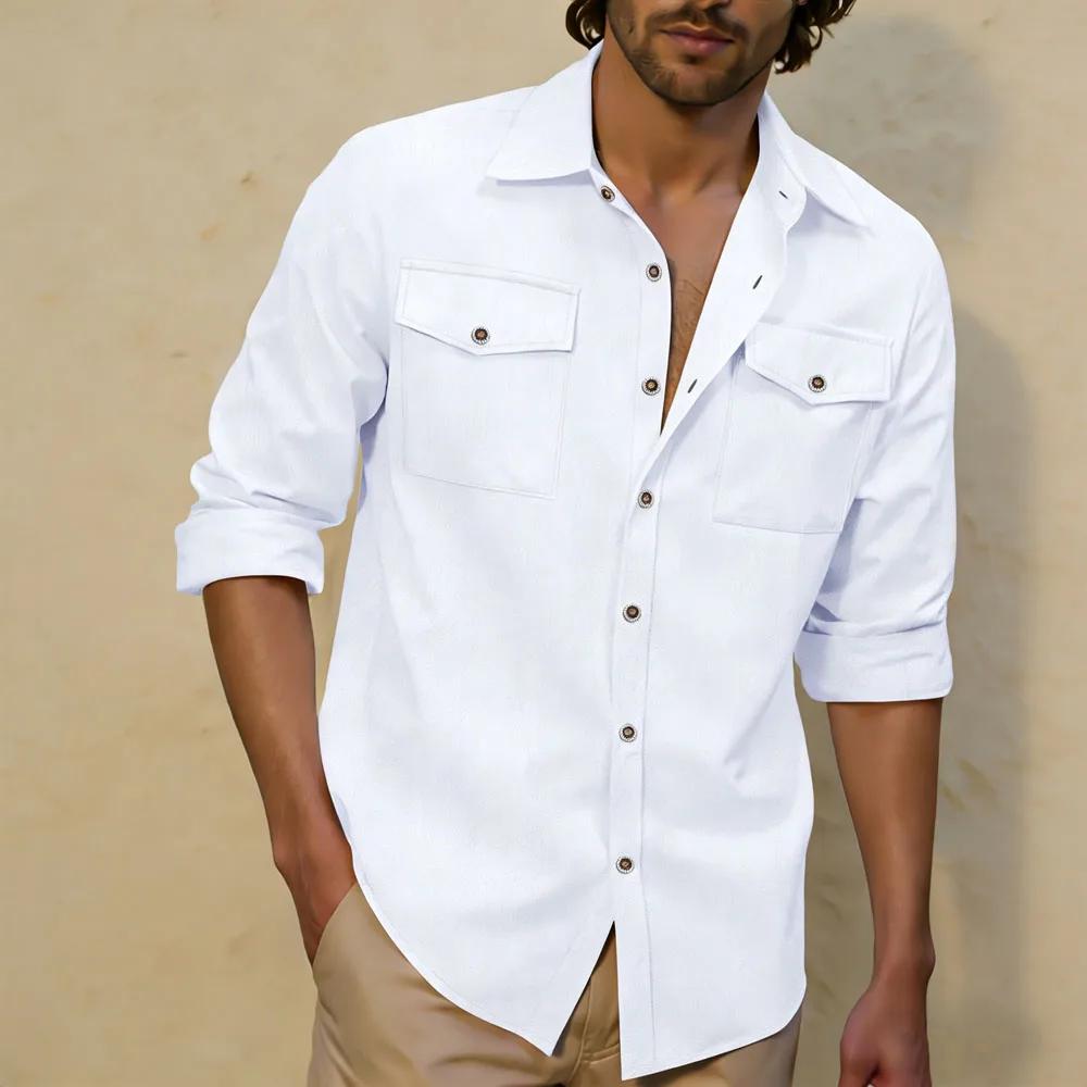 Nouvelle Chemise Décontractée Homme 2026 à Manches Longues avec Double Poche Poitrine, Boutonnée, en