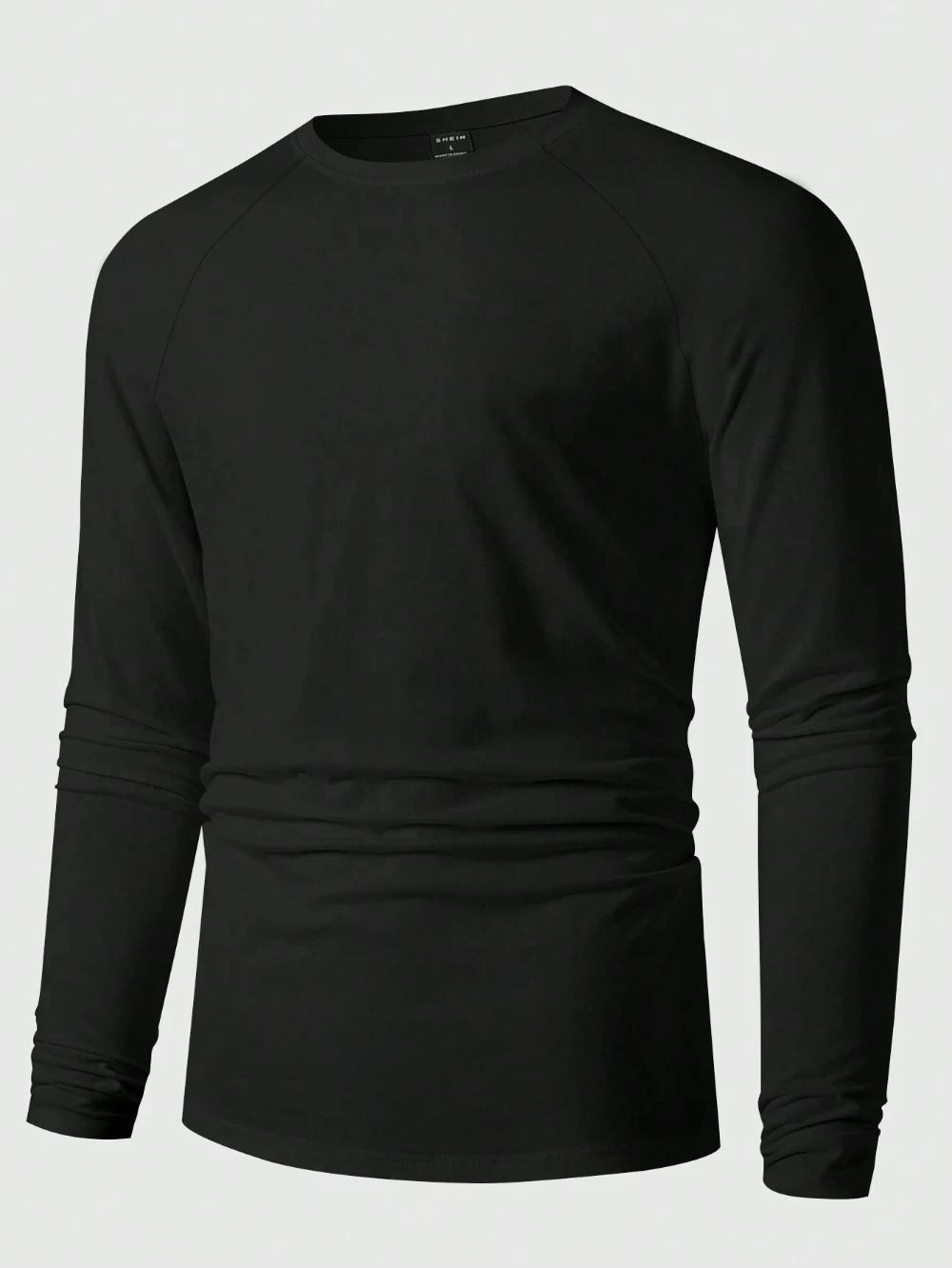T-Shirt décontracté à manches longues et col rond pour hommes, toutes saisons, couleur unie, en pur