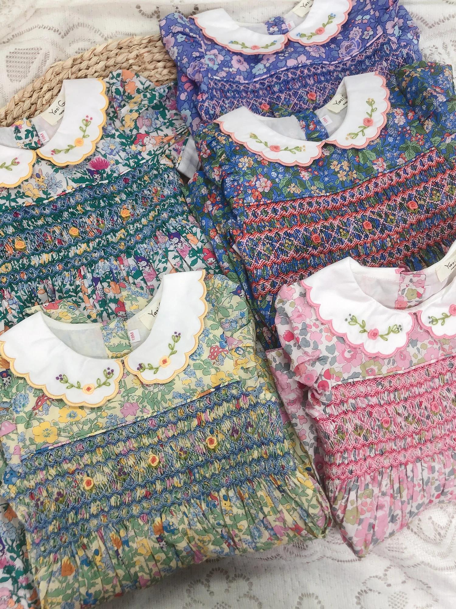 Robe smockée en pur coton pour filles, douce et respirante, brodée à la main, rétro, robe de princes