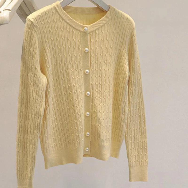 Élégant à manches longues tricots hauts femmes automne hiver simple boutonnage pull col rond épais c