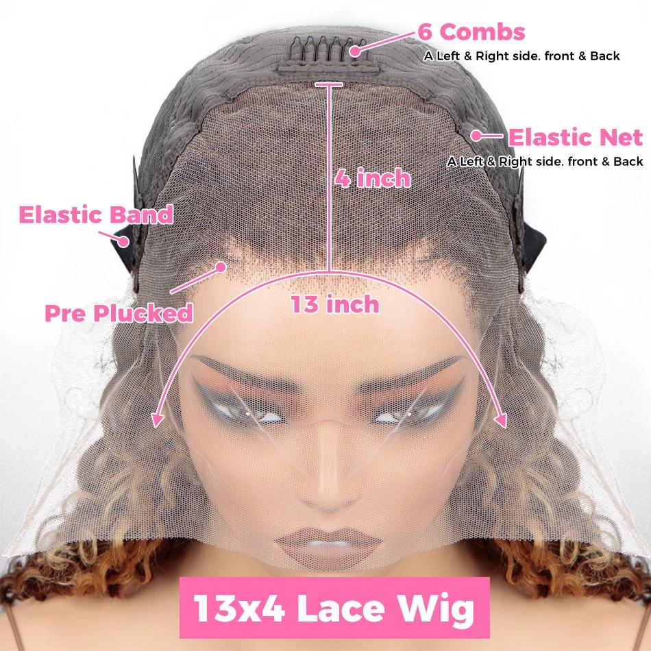 Perruque Lace Front Wig Naturelle Bouclée, Cheveux Humains, Deep Water Wave, 13x4, à Reflets Brun Mi