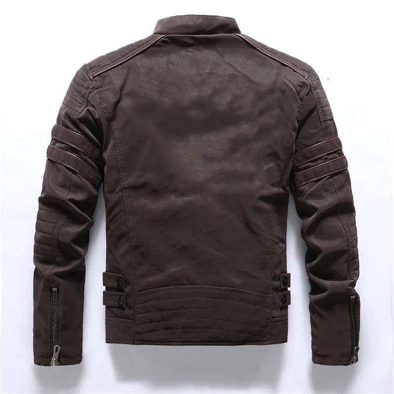 Vintage polaire veste en cuir hiver hommes marque moto PU chaud multi-poches en cuir manteau mâle fe