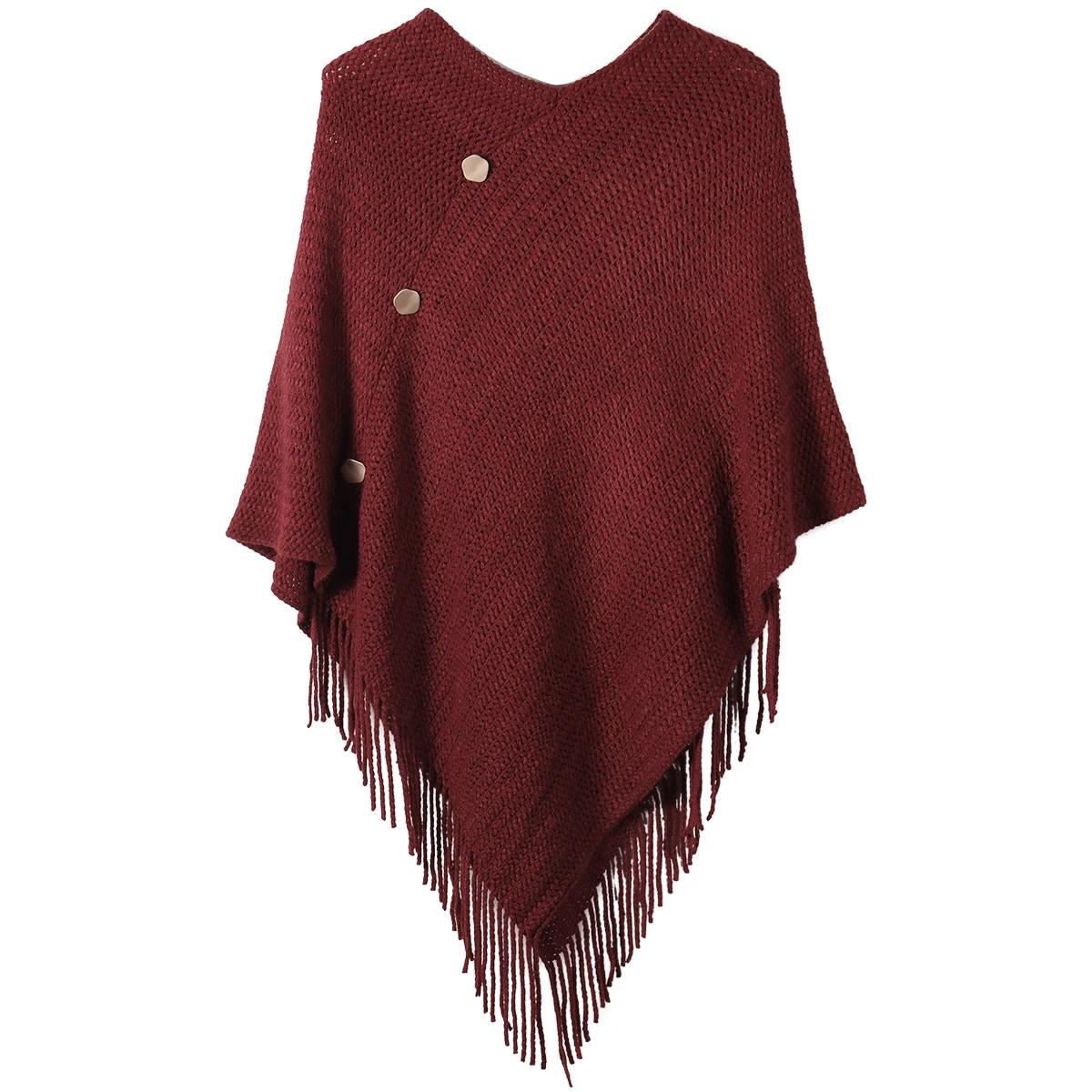 Châle à pampilles pour femmes avec faux boutons, couleur unie, adapté aux vêtements de déplacement à