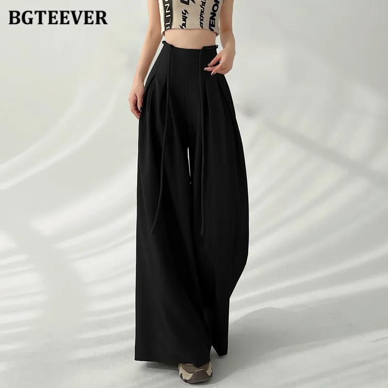 BGTEEVER élégant à lacets taille haute longueur au sol costume pantalon femmes printemps été poches