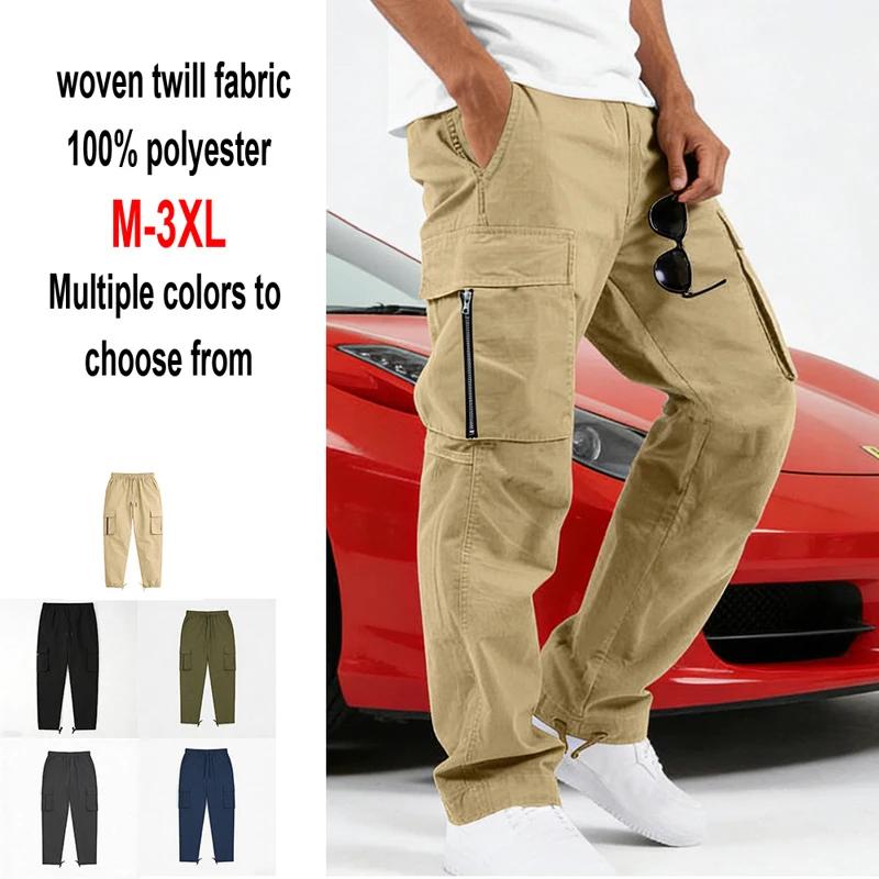 Pantalon cargo en polyester tissé pour homme, multi-poches, coupe droite, taille à cordon, vêtements