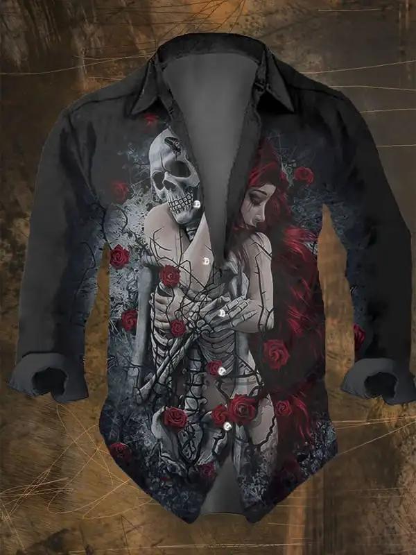 Mode hommes Vintage crâne foncé imprime chemises à manches longues imprimé crâne hauts noirs coupe r