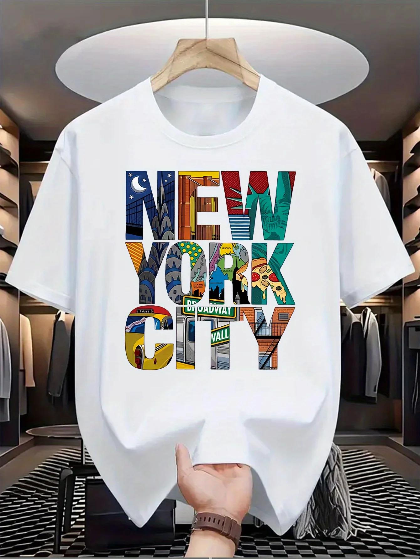Été hommes 100% pur coton décontracté coupe ample grande taille New York City imprimé confortable co