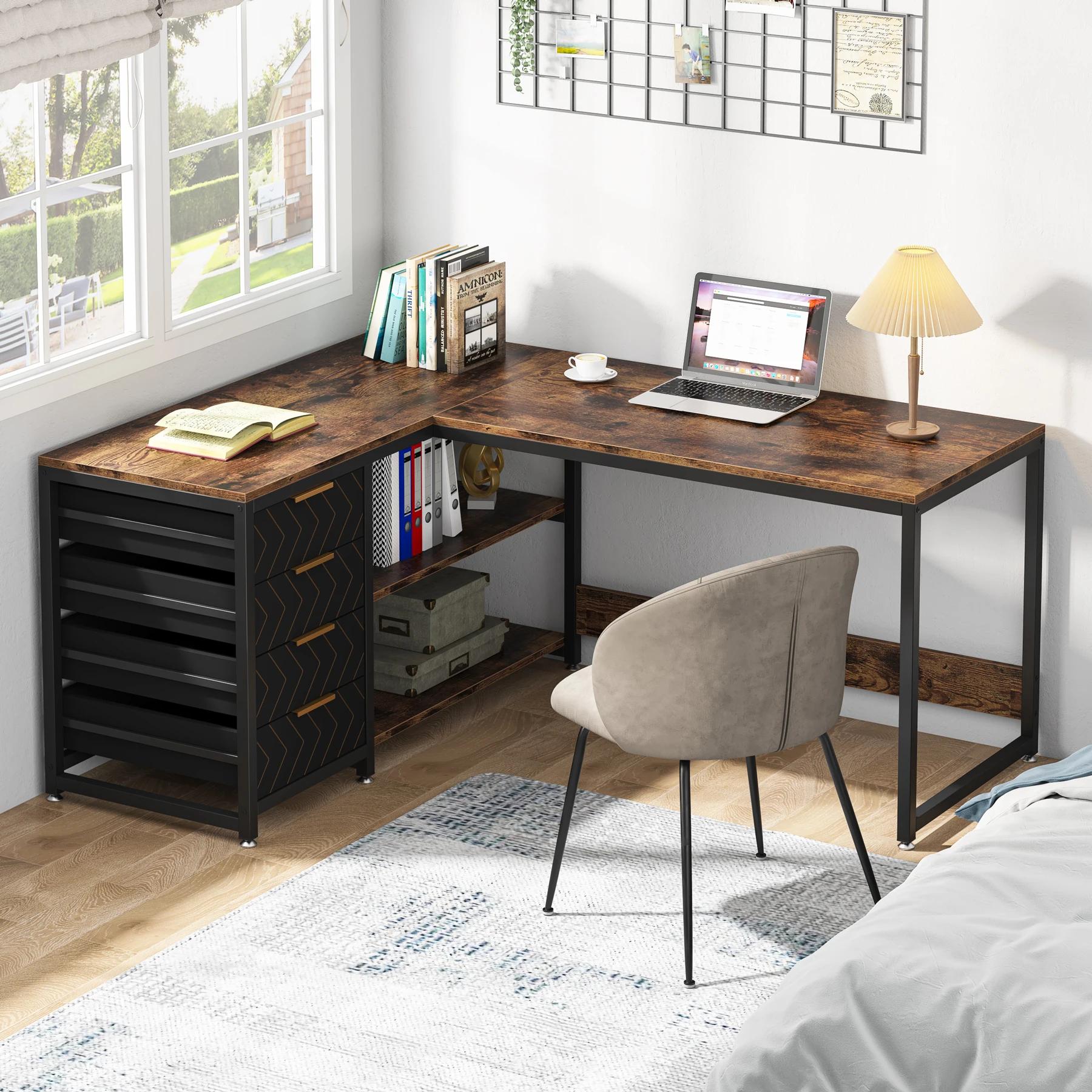 Tribesigns Bureau d'ordinateur en forme de L avec tiroirs de rangement, bureau d'angle de 59 pouces