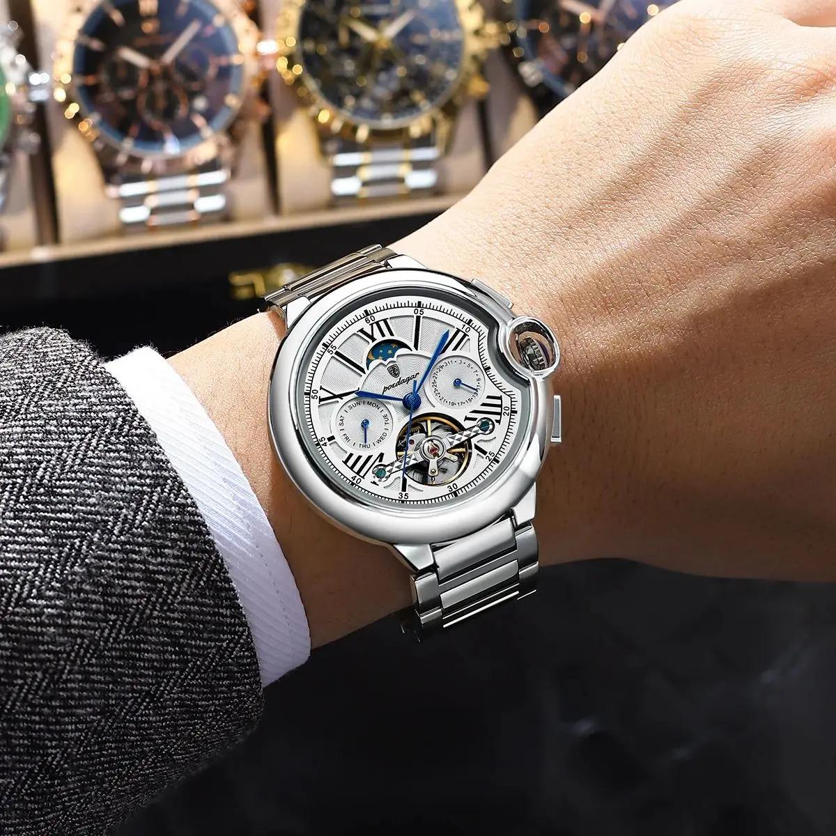 POEDAGAR luxe affaires homme montre Date semaine acier inoxydable Tourbillon hommes horloge étanche