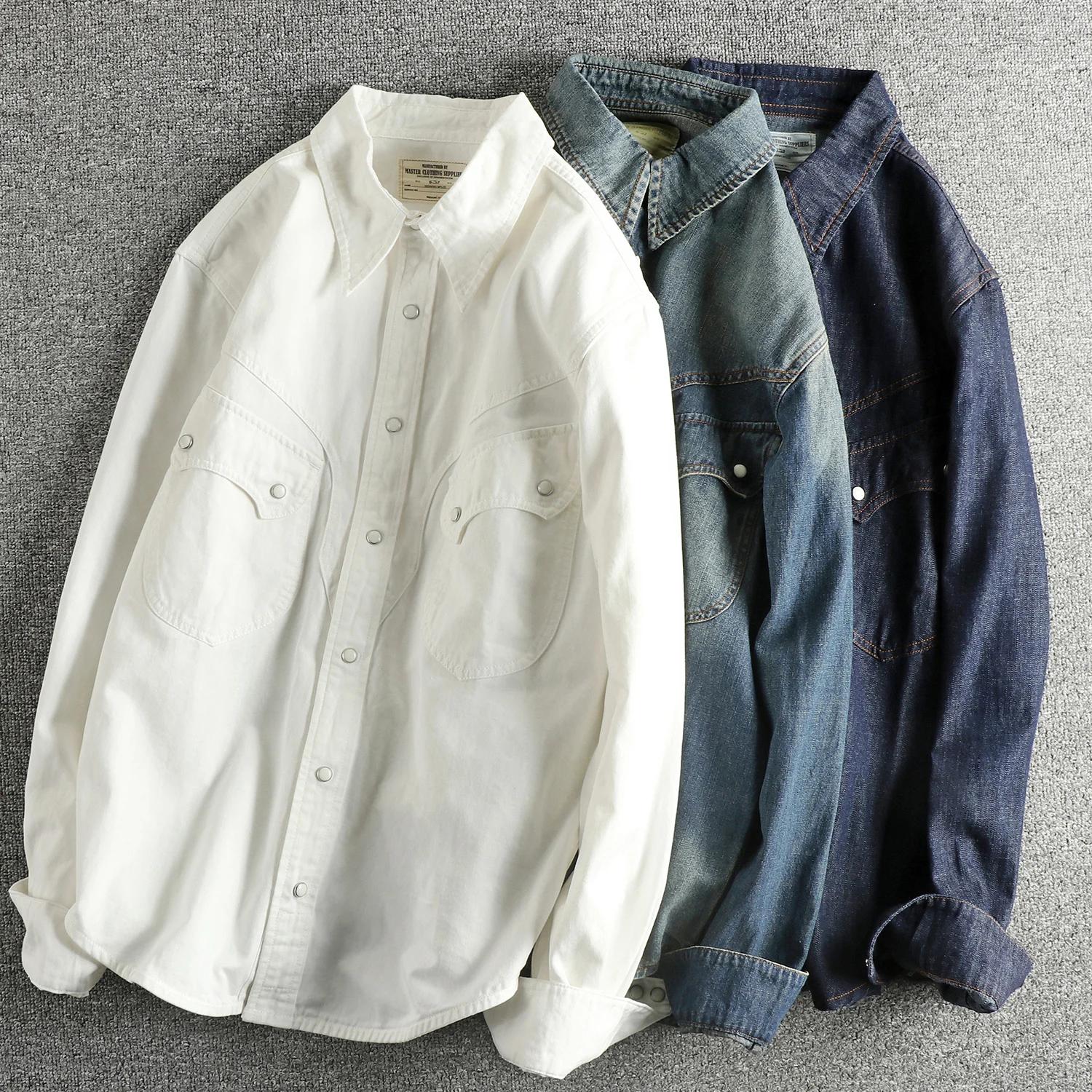 Réplique de chemise en jean pour hommes, Style rétro occidental américain, avec boutons en perles, n