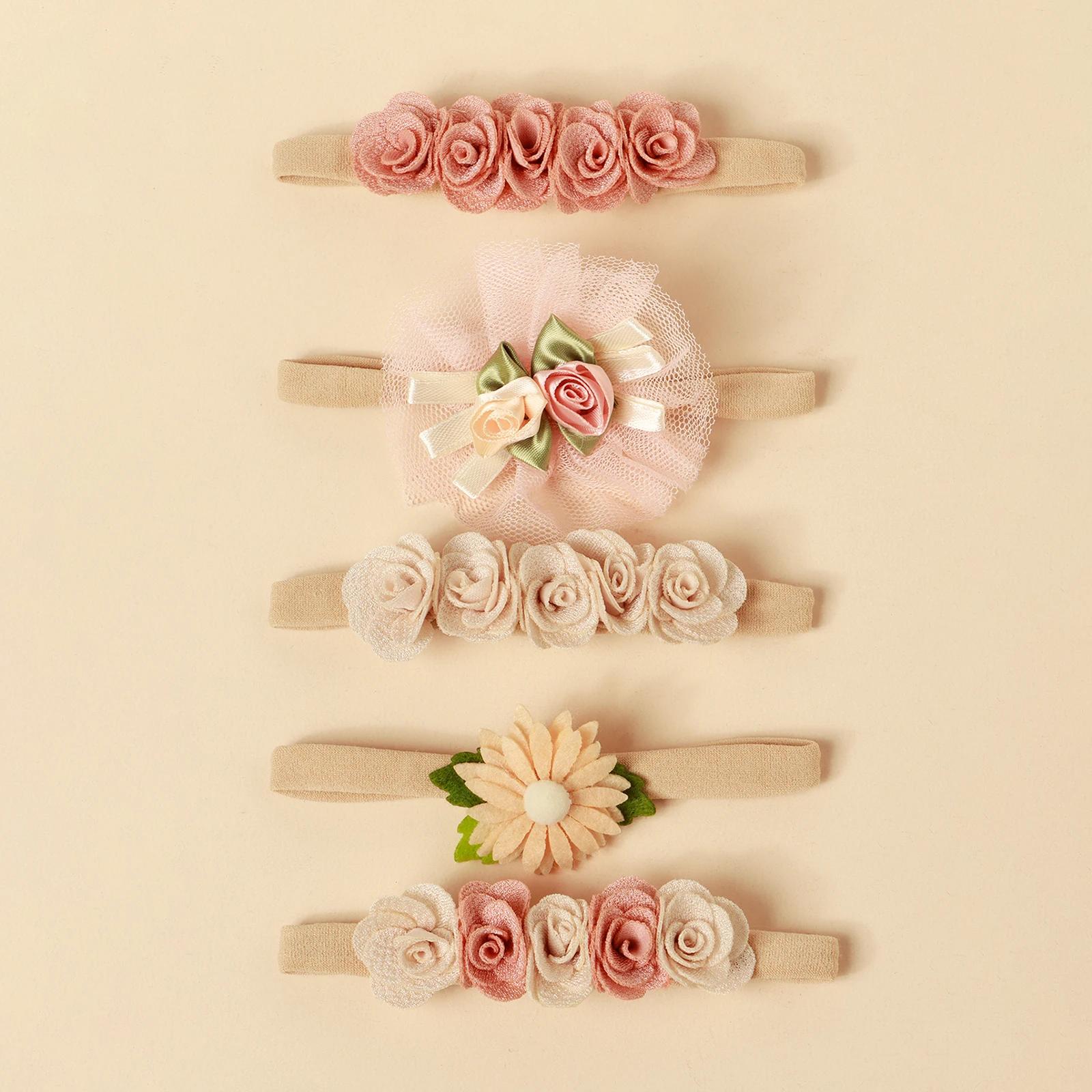 5 pièces rose dentelle Simulation fleurs cheveux accessoires pour nouveau-né fille épissage bandeau