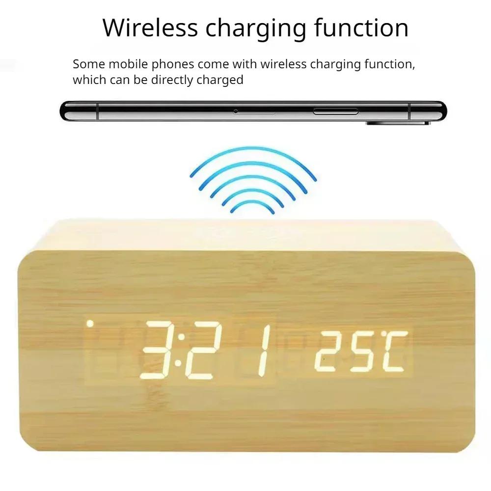 Réveil de bureau numérique LED en bois moderne, chargeur sans fil Therye.com avec chargeur sans fil
