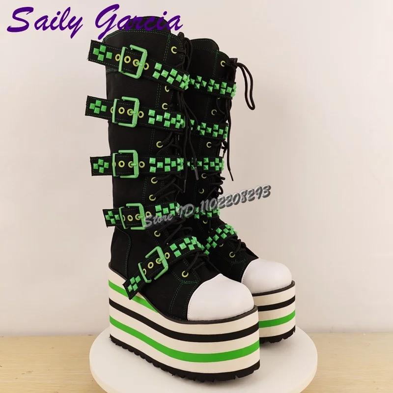 Bottes hautes à lacets avec bretelles à boucle verte, Punk, Patchwork, bout rond, plateforme, mode f