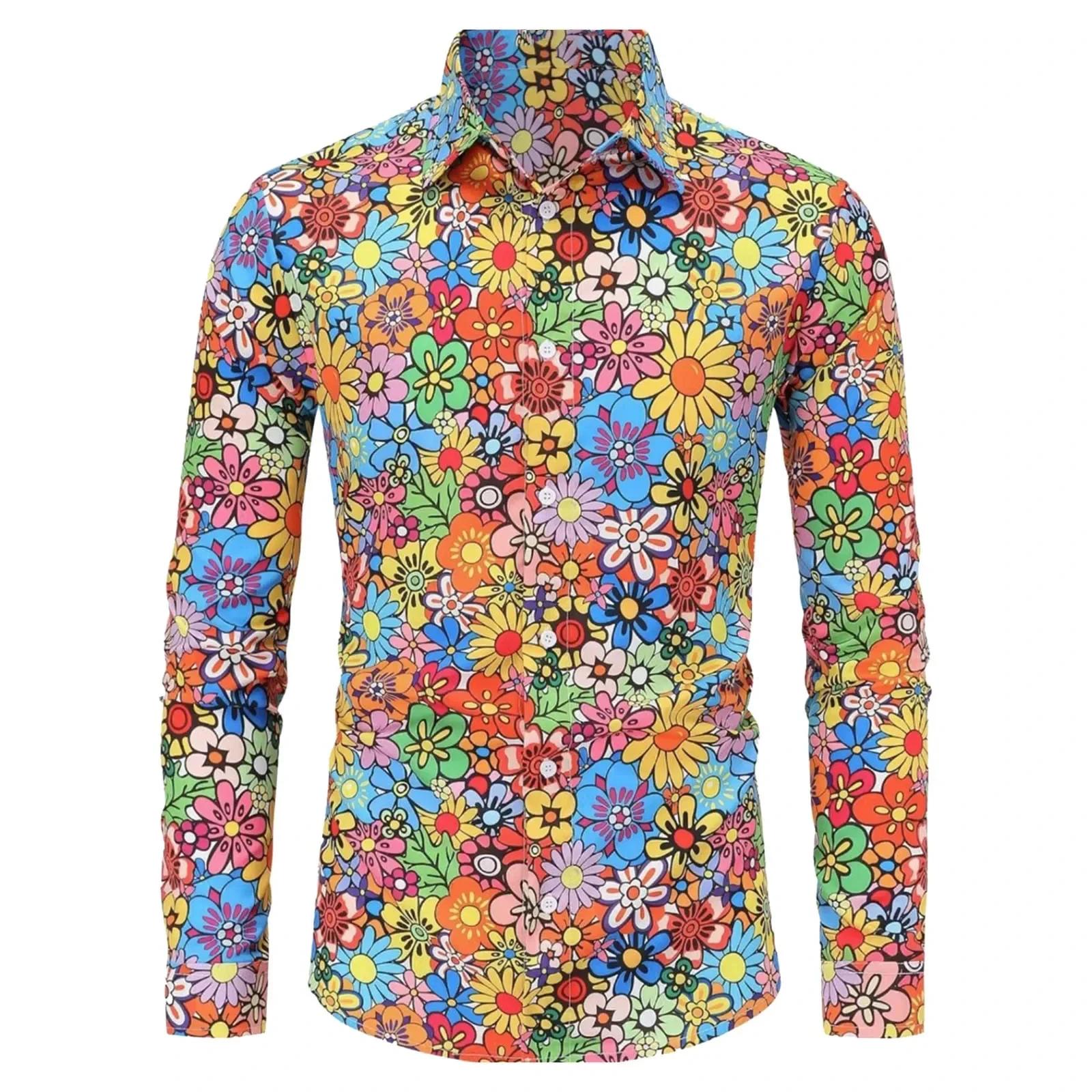  Chemise Hippie d'été des années 70 pour hommes, haut décontracté à manches longues et boutons rétr