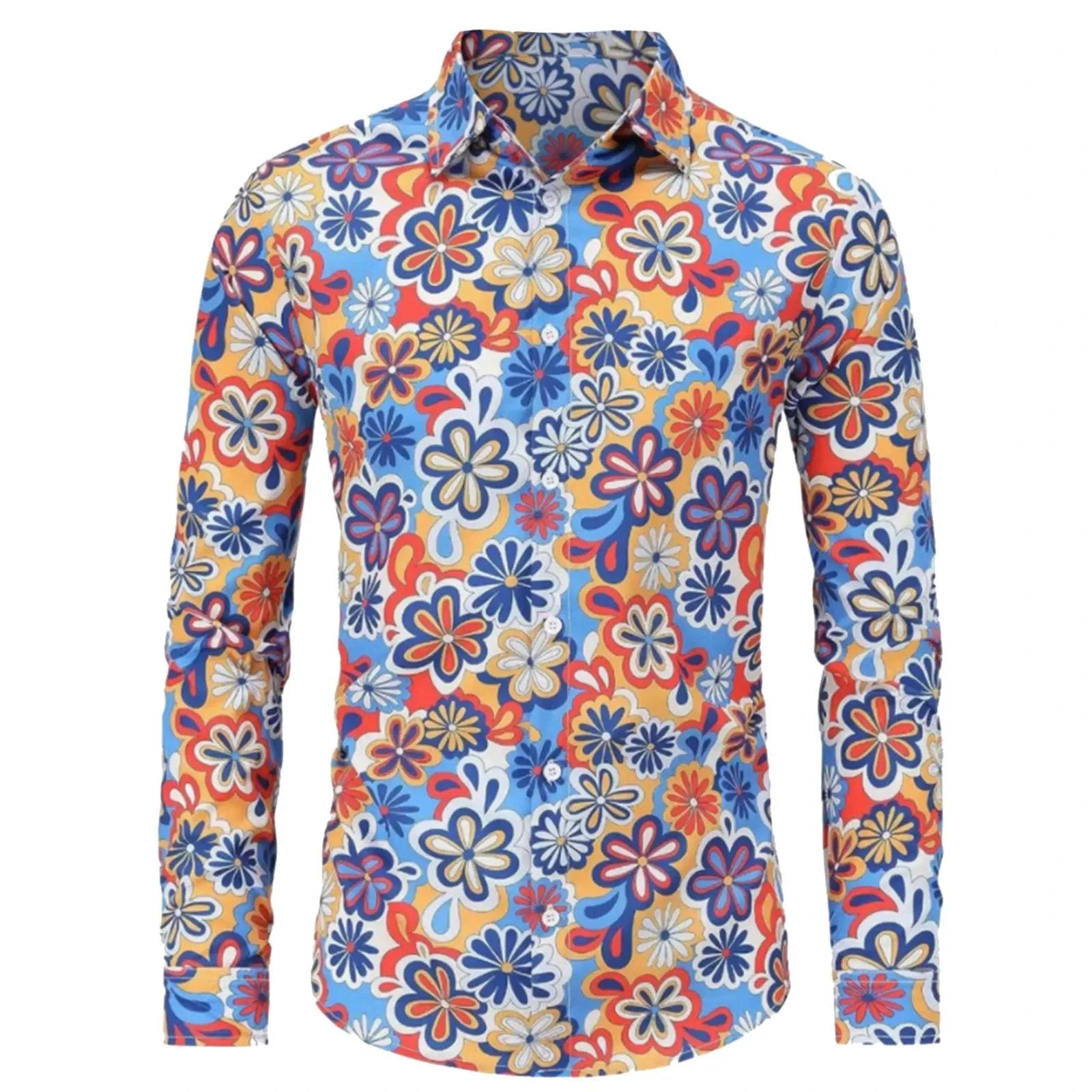  Chemise Hippie d'été des années 70 pour hommes, haut décontracté à manches longues et boutons rétr