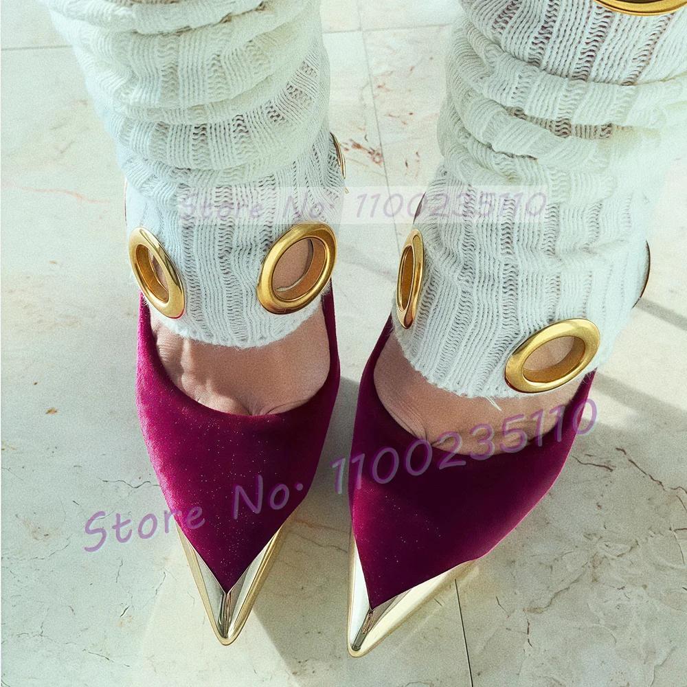 Escarpins à bout pointu en velours Fuchsia pour femmes, chaussures Sexy à talons aiguilles bicolores