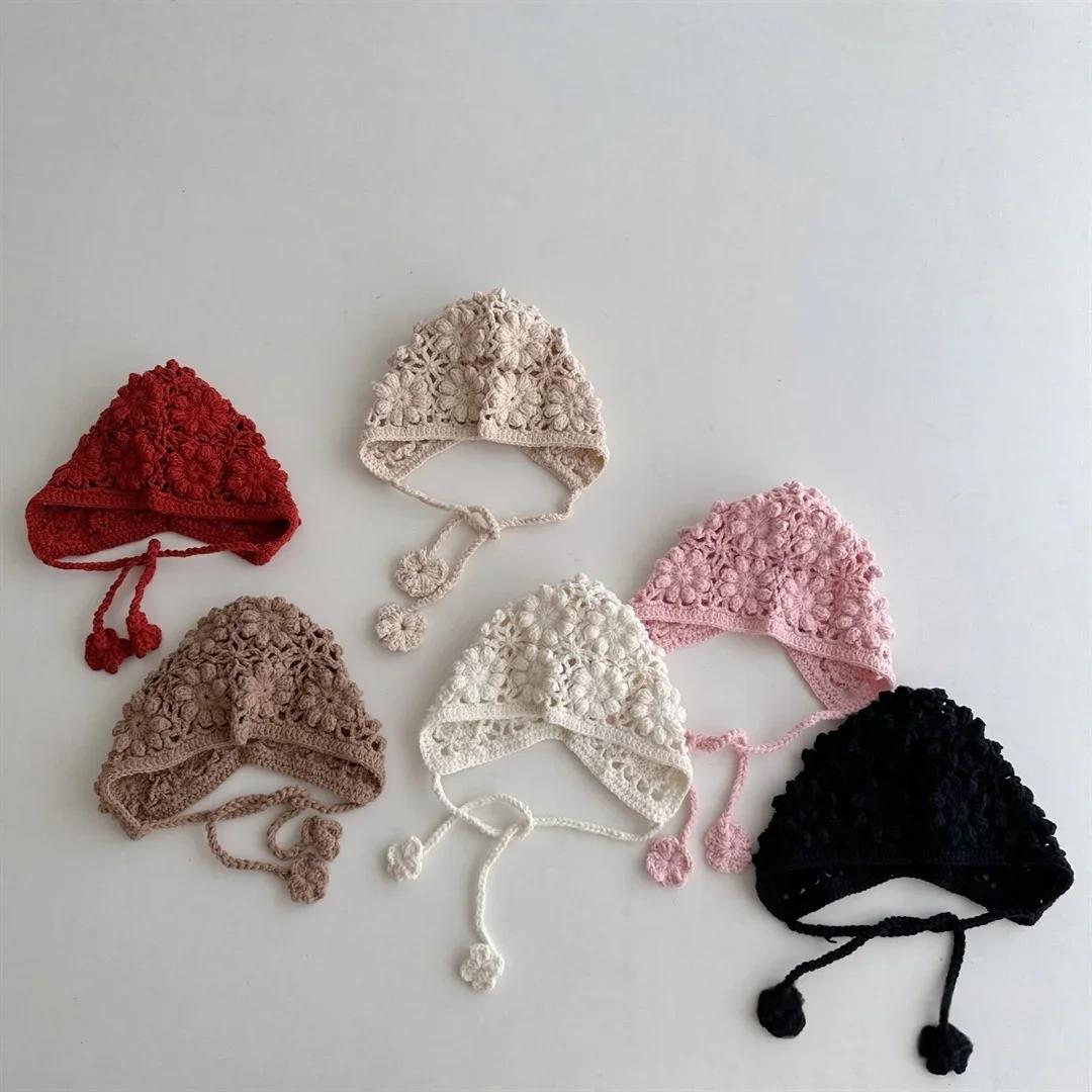 Chapeau tricoté pour bébé fille, bonnet à rabat d'oreille en Crochet fait à la main, mignon ajouré,