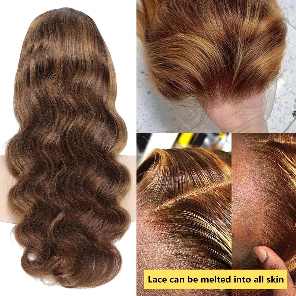 Perruque Lace Front Wig Body Wave Brésilienne Naturelle, Cheveux à Reflets Colorés, 13x4, Densité 20