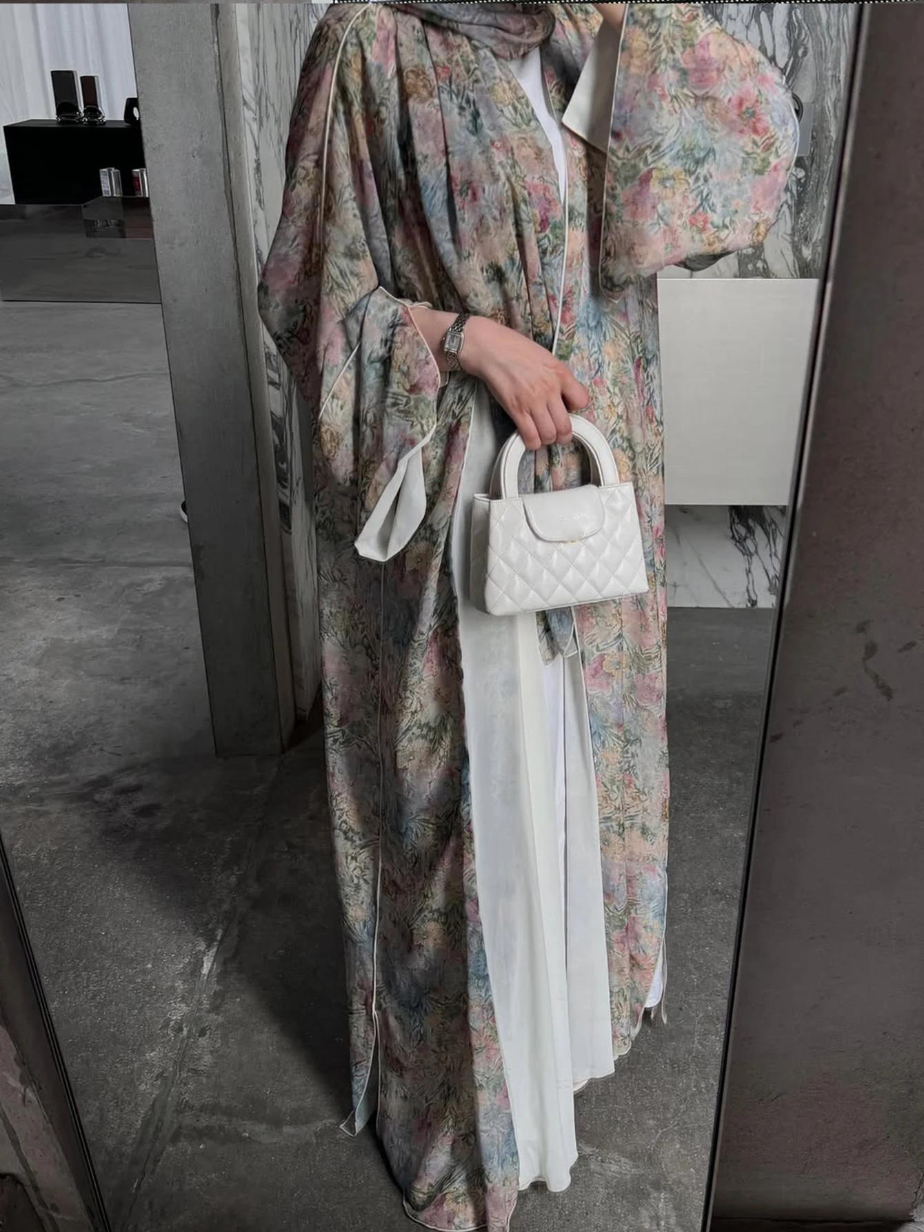 Cardigan traditionnel arabe élégant du moyen-orient, Robe Abaya à manches longues et imprimé Floral
