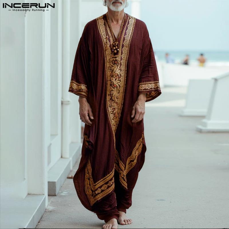 INCERUN hommes Jubba Thobe impression Patchwork col en V à manches longues hommes Robes caftan musul
