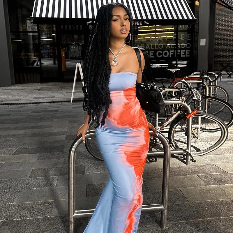 Robe Maxi Tube imprimée sans bretelles, Sexy, épaules dénudées, dos nu, extensible, longue, vêtement
