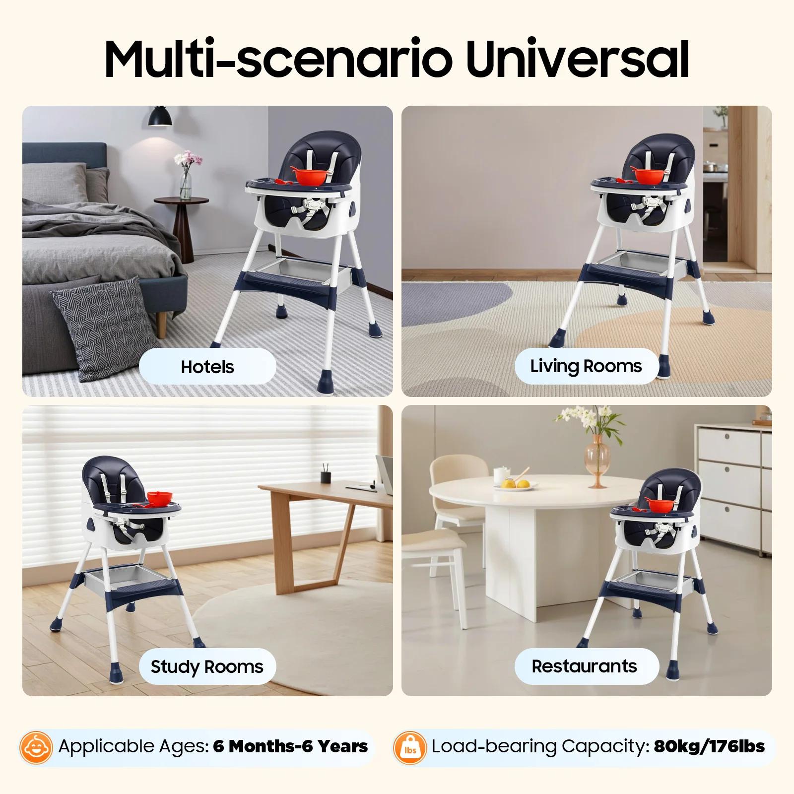 Chaise haute pour bébé, harnais de sécurité à 5 points, capacité de charge de 176 lb, plateau double