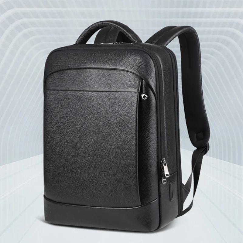 100% sac à dos en cuir véritable hommes 15.6 pouces sac à dos pour ordinateur portable USB Charge an