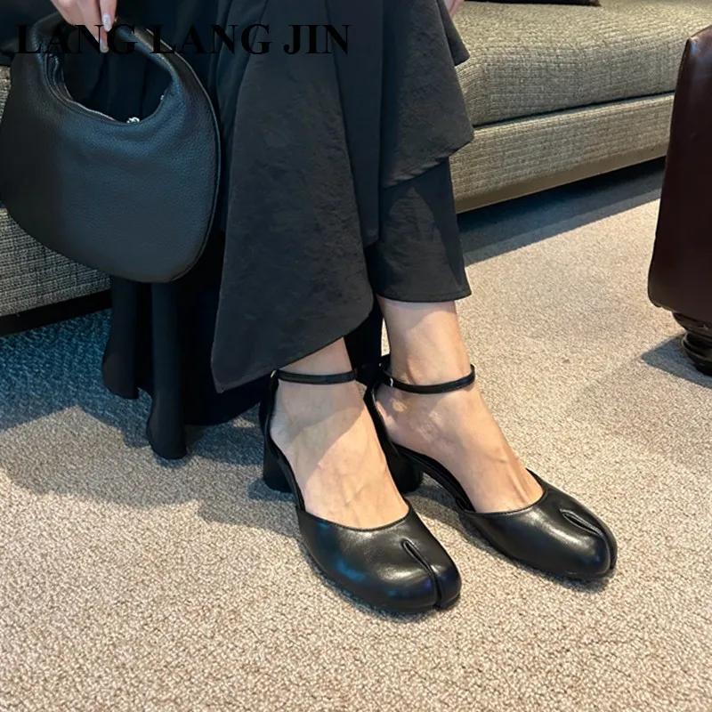 Escarpins Tabi Ninja à bout fendu pour femmes, chaussures à talons ronds de 5cm, Mary Janes, sandale
