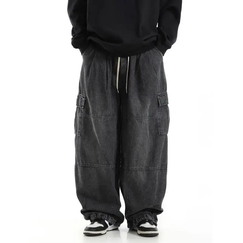 Jean Cargo Baggy noir pour hommes, pantalon de Jogging décontracté à jambes larges, surdimensionné,