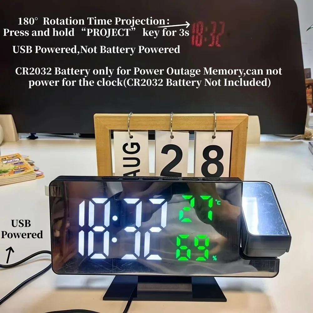 180 ° Réveil numérique à projection rotative, température, humidité, mode nuit, fonction snooze, 1