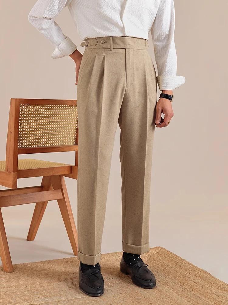 Naples taille haute lin Pantalon de Costume hommes respirant jambe droite Pantalon de bureau hommes