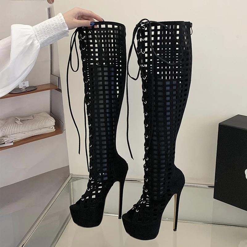 Eilyken Bottes d'été sexy à bout ouvert et ajourées pour femme, en maille, à lacets, à talons aiguil