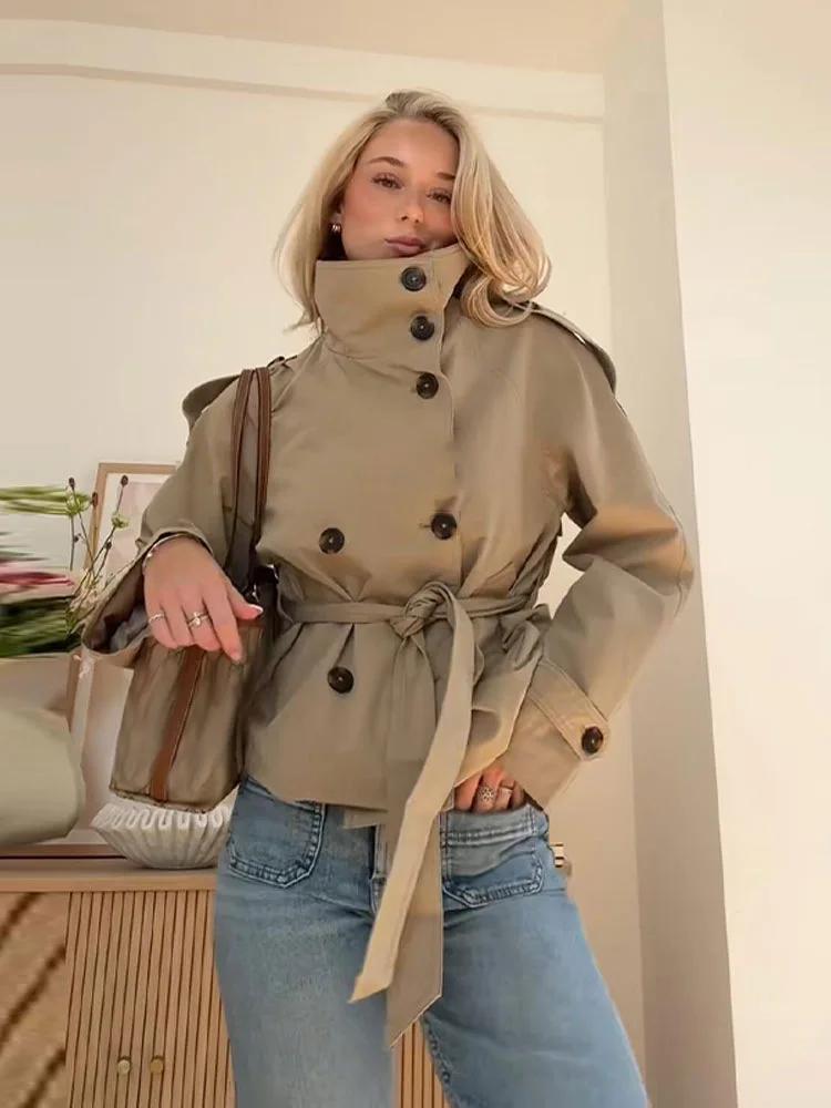 Trench court à taille ceinturée pour femme, manteaux à col montant et Double boutonnage, Chic, décon