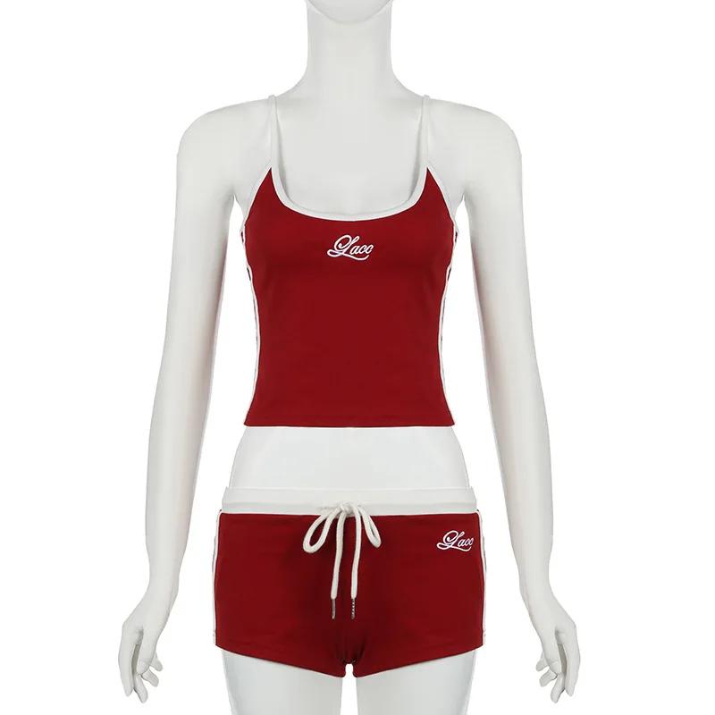 Y2K – ensemble de tenues d'été pour femmes, lettres brodées, couleur contrastée, Sexy, Slim, dos nu,
