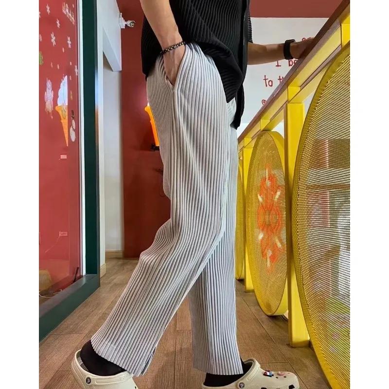 Miyake plissé hommes fente pantalon noir drapé automne décontracté pantalon droit ample Simple vêtem