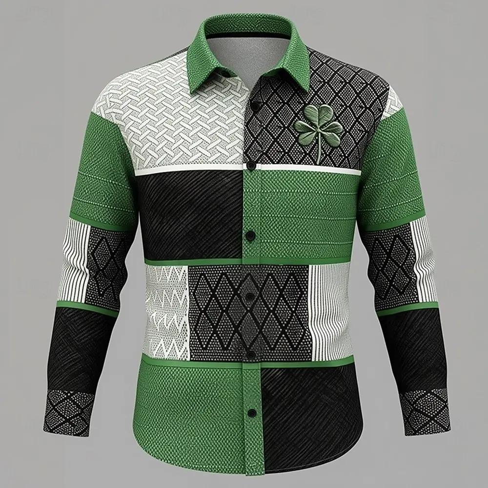 Chemise décontractée à manches longues pour homme, motif bicolore bleu et noir orné d'un logo trèfle