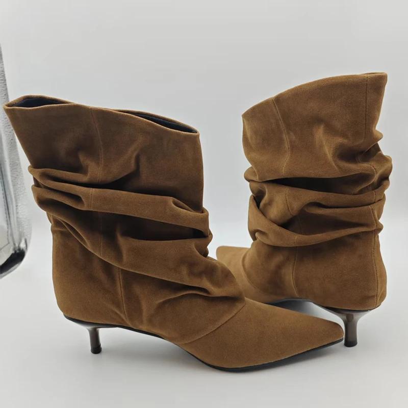 Aneikeh hiver Style De rue bout pointu bottines Femmes plissé bottes courtes Femme rétro concepteur