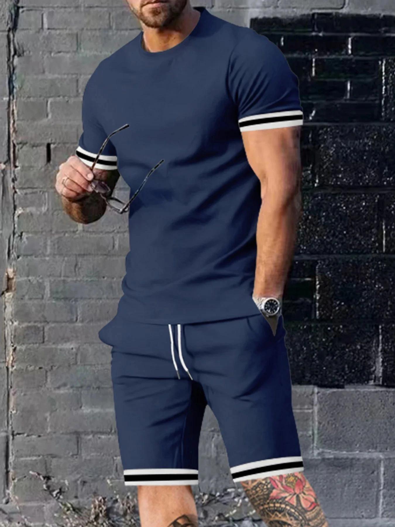 Ensemble T-shirt et short à col rond pour hommes, imprimé rayé minimaliste, confortable et respirant