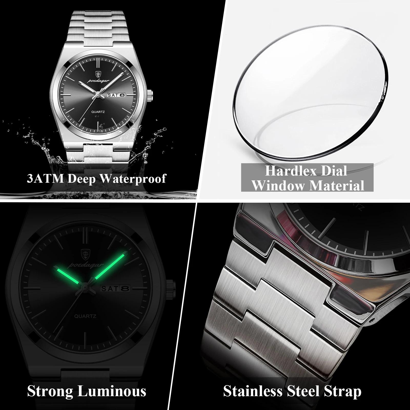POEDAGAR montre-bracelet à Quartz pour hommes de luxe étanche lumineux Date semaine homme montre en