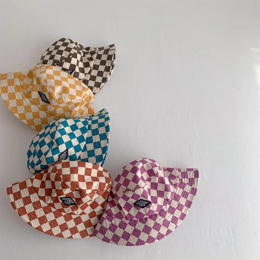 Chapeau seau à motif damier pour enfants, mignon, à carreaux, pour bébés garçons et filles, chapeau