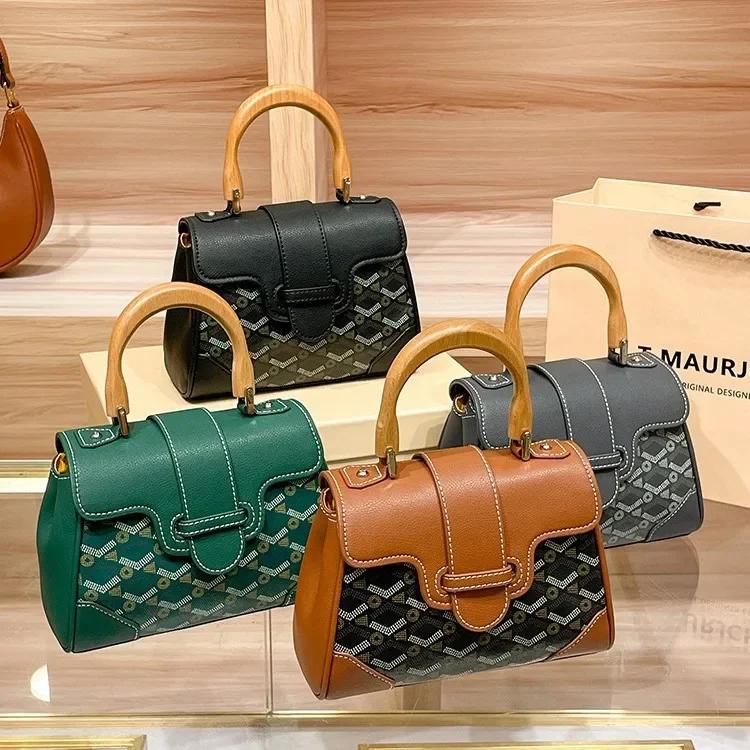 Sac Keli en cuir véritable avec manche en bois pour femmes, vieille fleur transfrontalière, nouveau