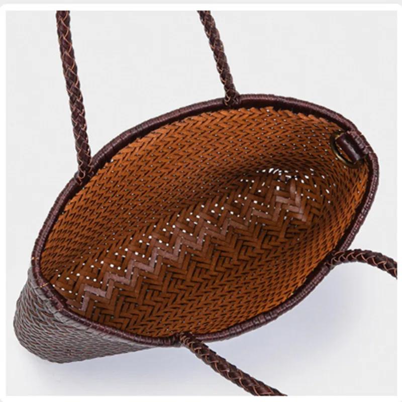 Sac à poignée supérieure tissé en cuir de vache pour femme, sacoche décontractée en tricot tressé, V